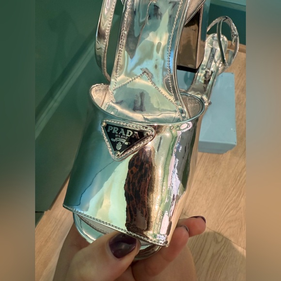 Prada Womens Metallic Leather Platform Heels Silver 41 - Picture 3 of 12